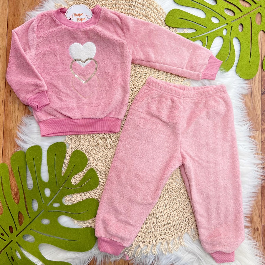 Conj. Casaco Três Corações e Calça de Pelinho - Rose